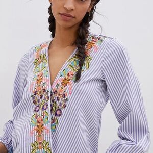 Anthropologie Artemis Embroidered FLOWERs striped Blouse top XS blue color
